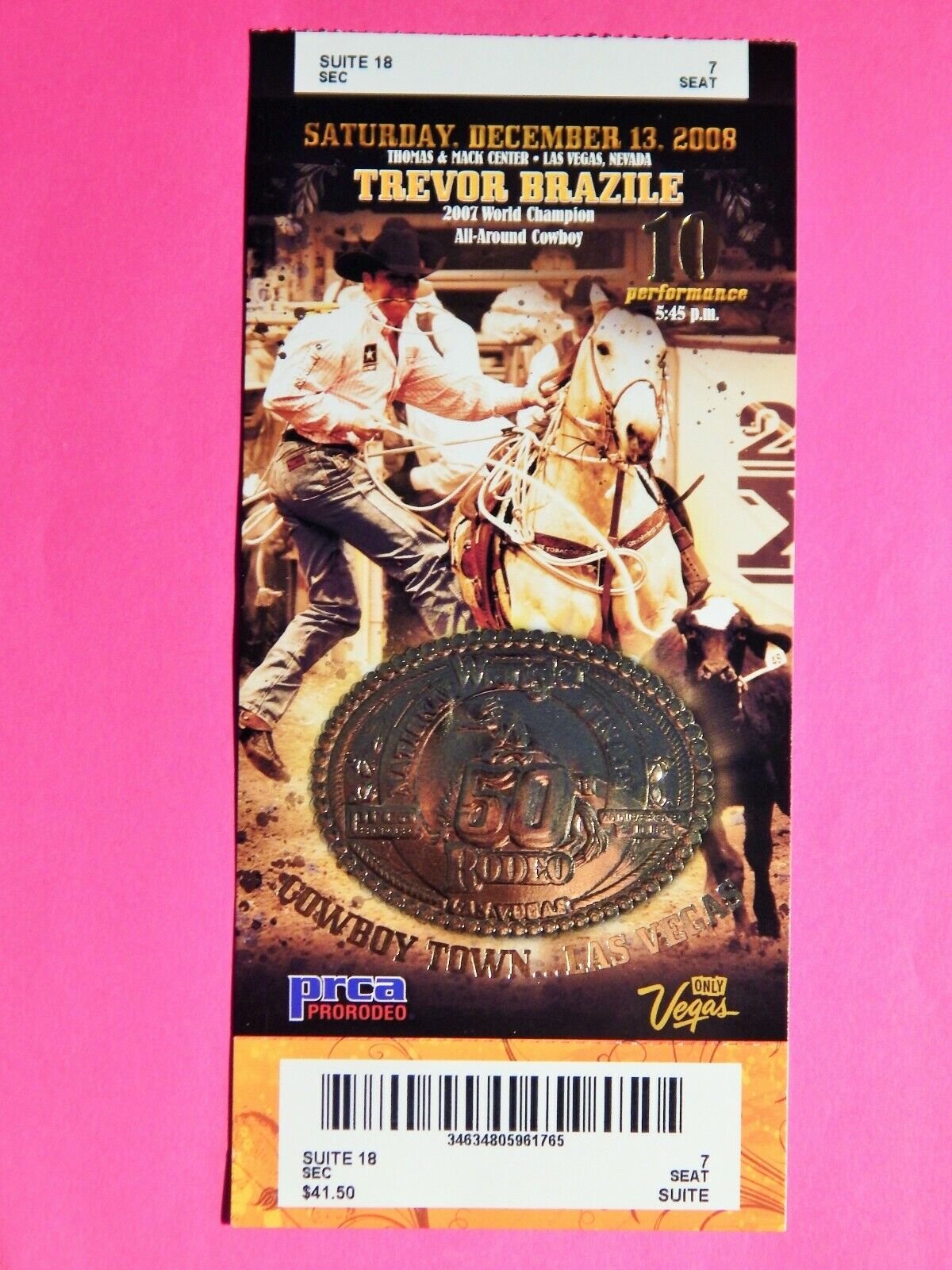 2008 NATIONAL FINALS RODEO LG ORIGINAL USED TICKET TREVOR BRAZILE COLOR Photo Poster painting