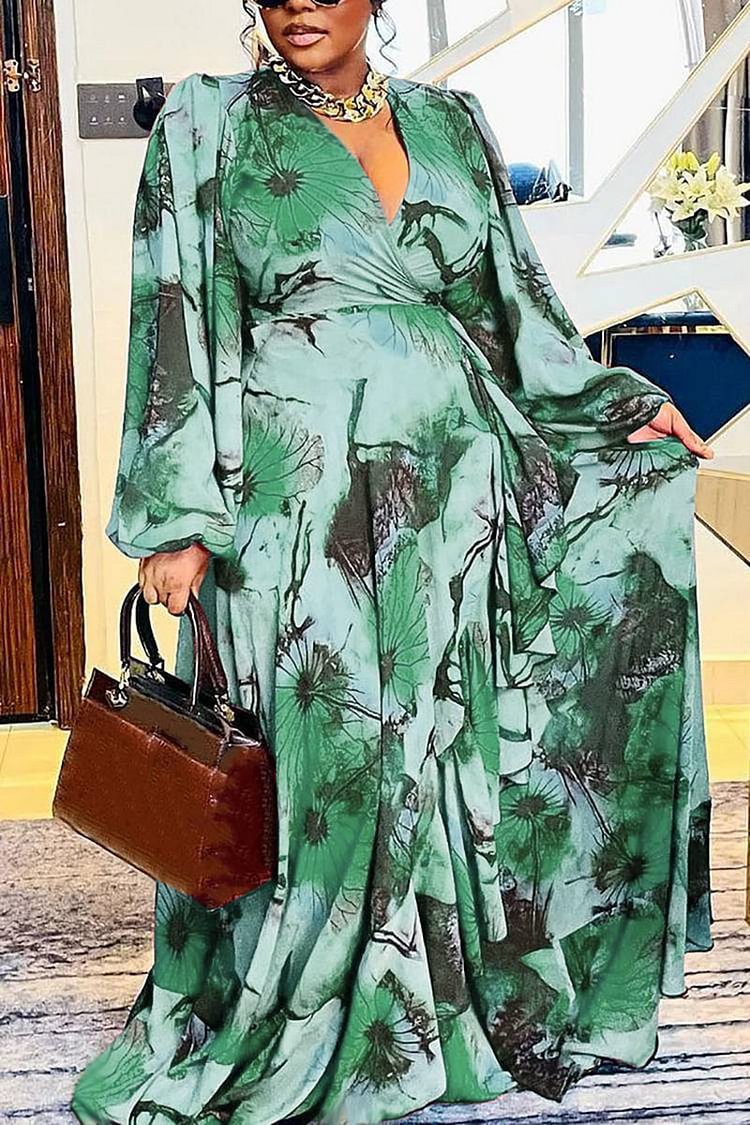 Xpluswear Plus Size Green Vacation Floral Print Ballon Sleeve Maxi Dress 