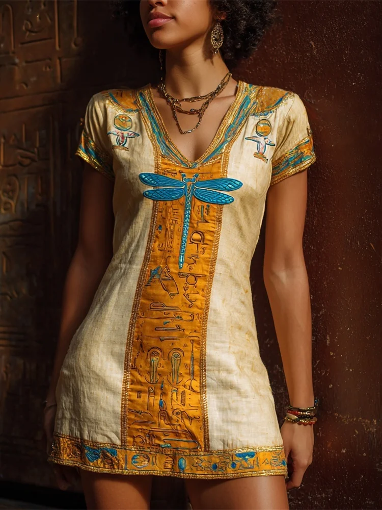 Egyptian Dragonfly Vintage Elements Women's V-neck Mini Dress
