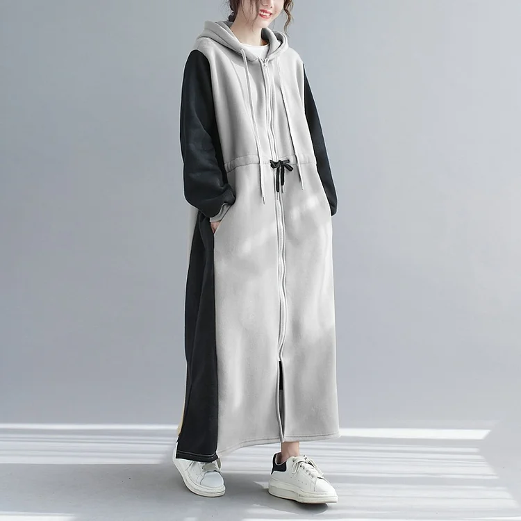 Literary Color Blocking Hooded Midi Dress - yankia
