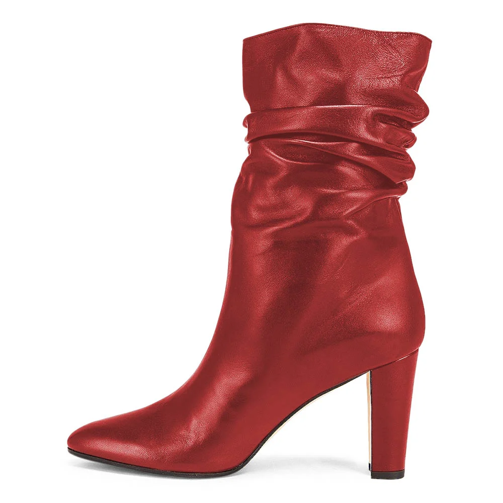 Red Vegan Leather Pointed Toe Chunky Heel Mid Calf Slouch Boots
