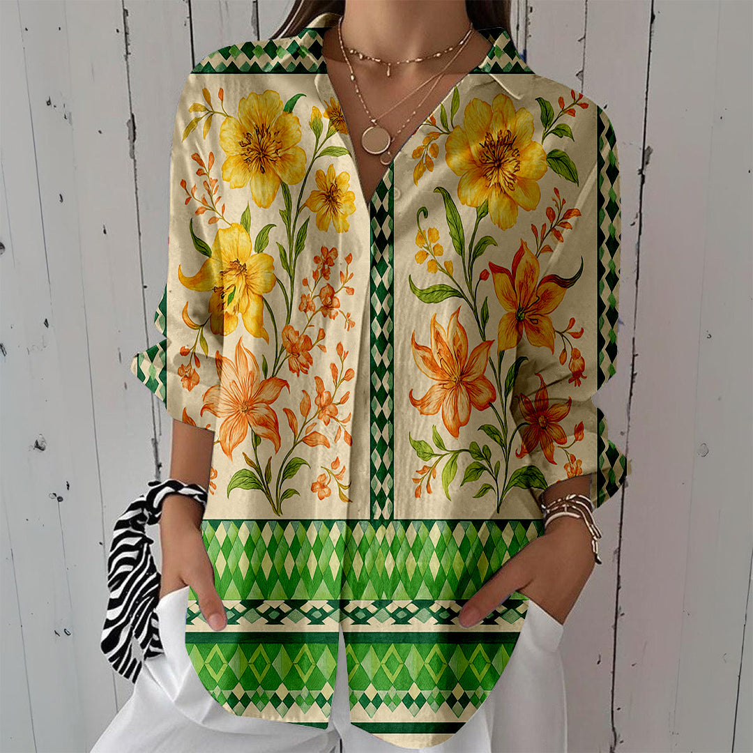 Women Long Sleeve V-neck Graphic Floral Printed Top