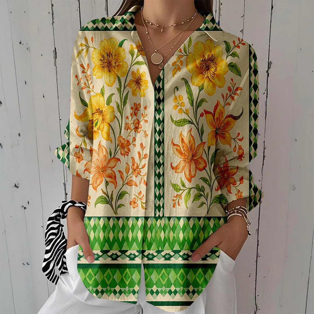 Style & Comfort for Mature Women Women Tropical, Floral, Green DZCL0073 3/4 Sleeve Shirt Collar Printed Button Tops