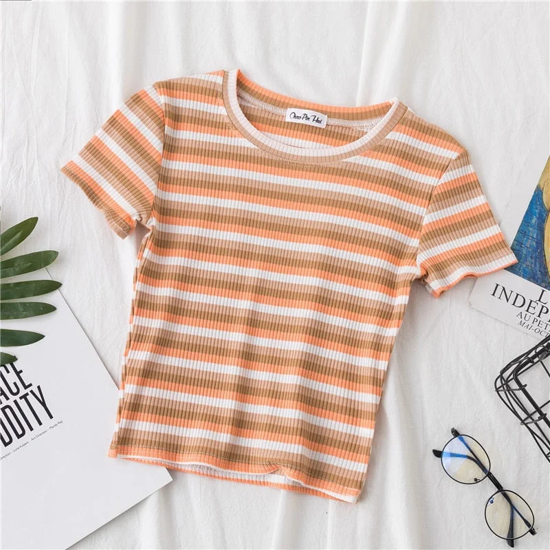 New T Shirt Women Rainbow Striped Tops Slim Fit t shirt Harajuku Tshirt Summer Short Sleeve Korean T-shirt feminina Clothes Tops