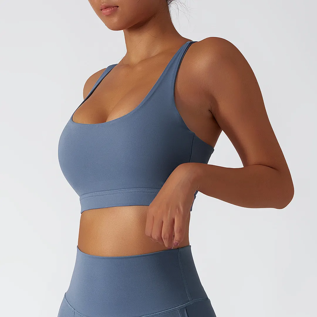 Hergymclothing Haze Blue sustainable recycled 4 way stretch ethically made naked feel high support racerback running sports bra with removable for sale