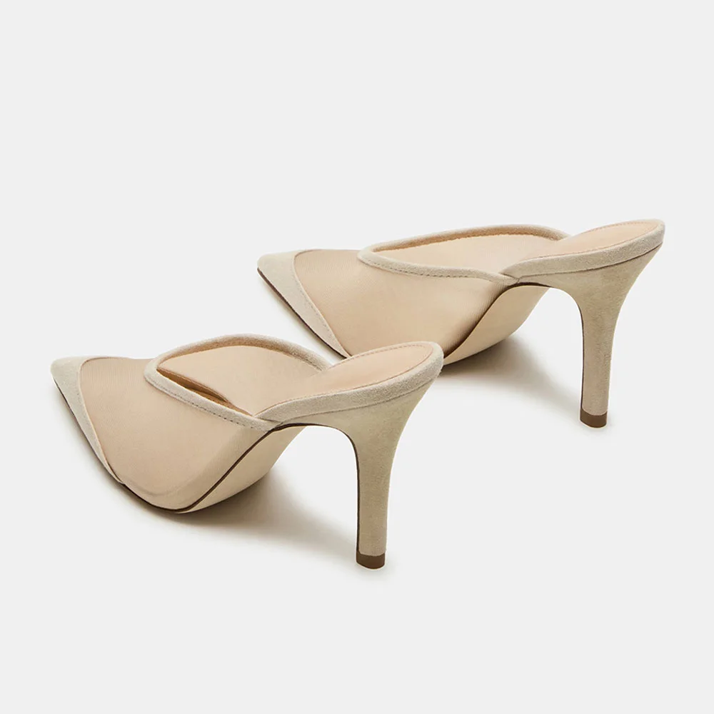 YDN Nude Mesh Stiletto Heel Pointed Toe Mule Shoes for Women