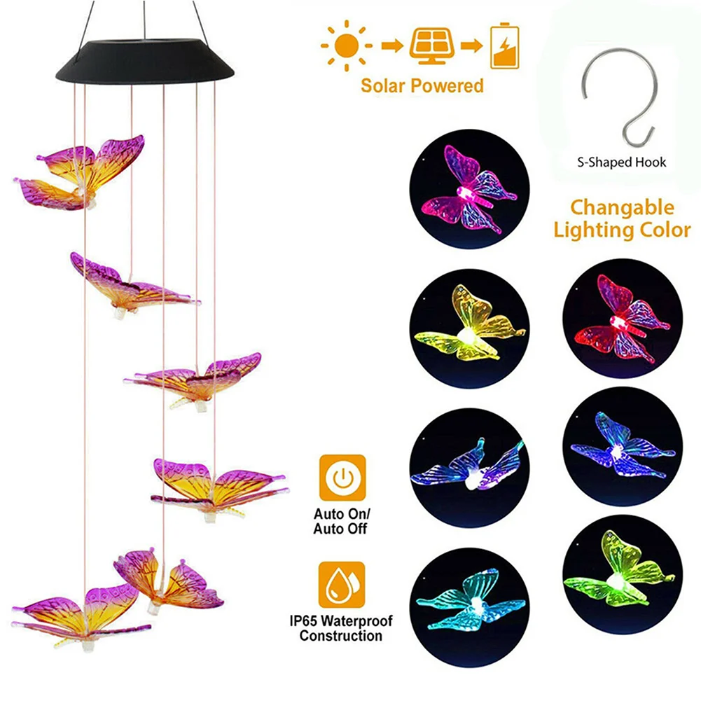 LED Solar Wind Chime Butterfly Light Color Changing IP65 Hanging Lamp (B)