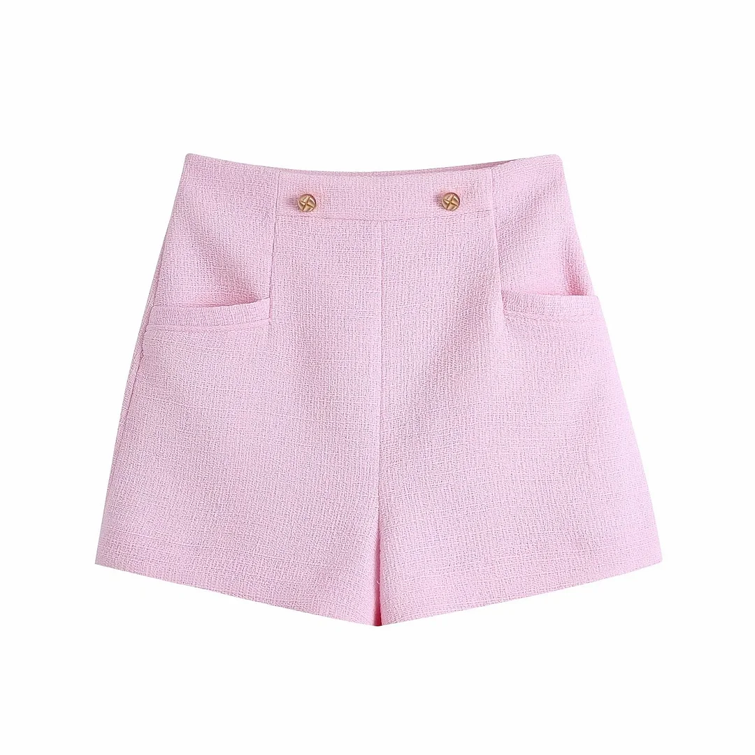 Women Elegant Texture Pink Shorts 2021 Summer New Za Pockets Waist Side Female Casual Office Lady Chic Shorts