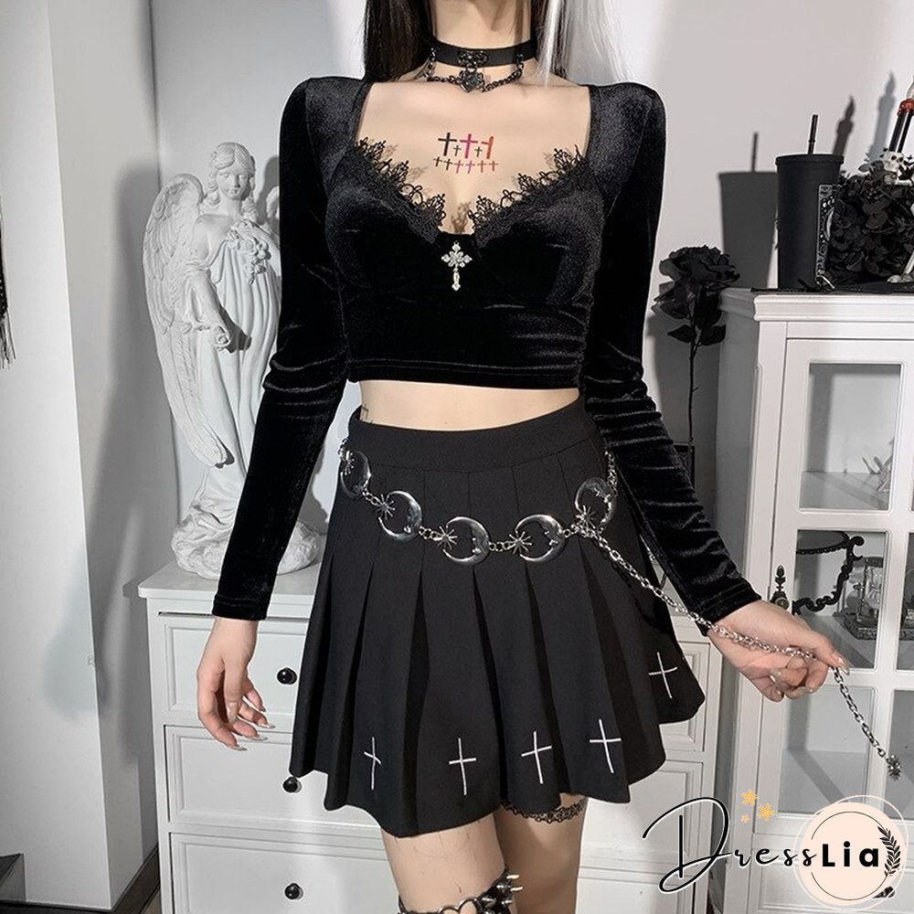 Sexy V Neck Velvet T Shirts Women Lace Patchwork Long Sleeve Black Top Female Dark Goth Short Slim Fit Tee Tops Mujer Harajuku