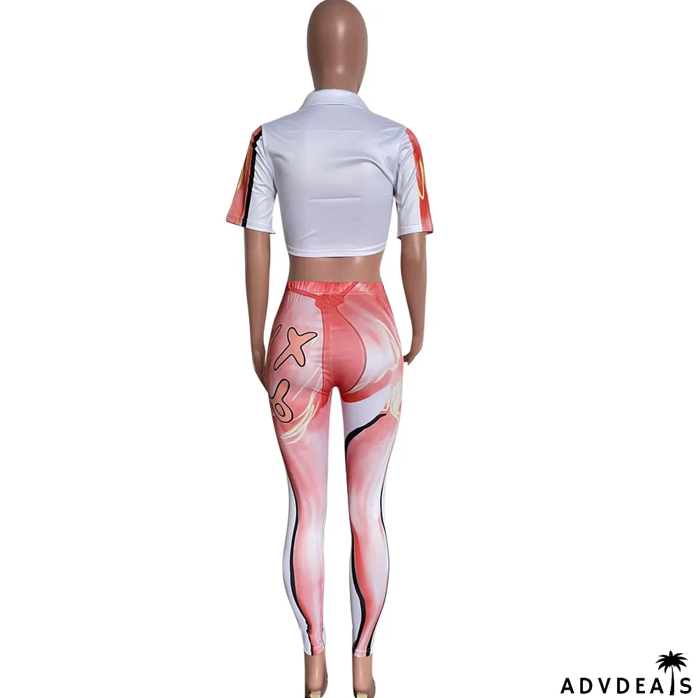 Fashion Two Piece Summer Print Chic Sweet Short Sleeve Pants Set