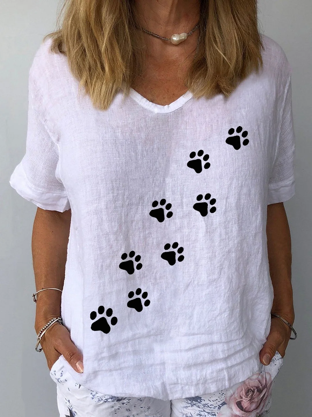 Women's Dog Paw Print Casual Cotton T-Shirt