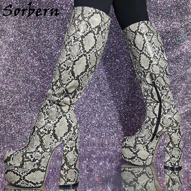 VCSHOES Custom Grey Python Boots Women Knee High Chunky Heels 15Cm Cosplay Drag Queen Shoes Visible Platform Shoes Half Zipper