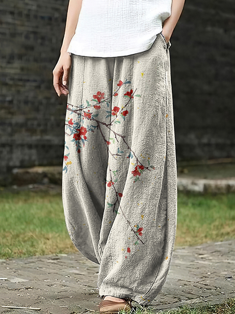 Comstylish Women's Floral Art Pocket Loose Casual Pants