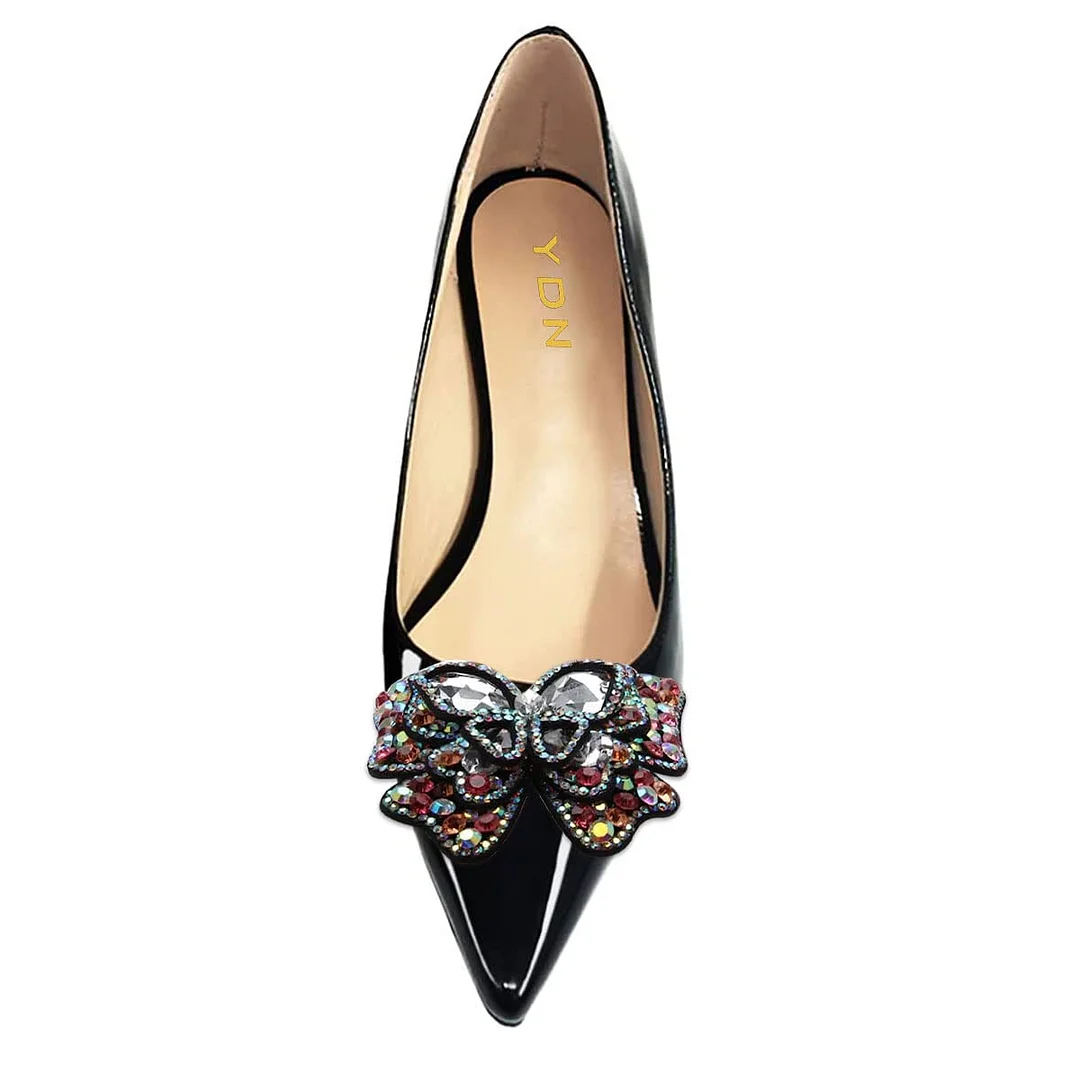 Patent Leather Pointed Colorful Rhinestone Butterfly Pumps in Black
