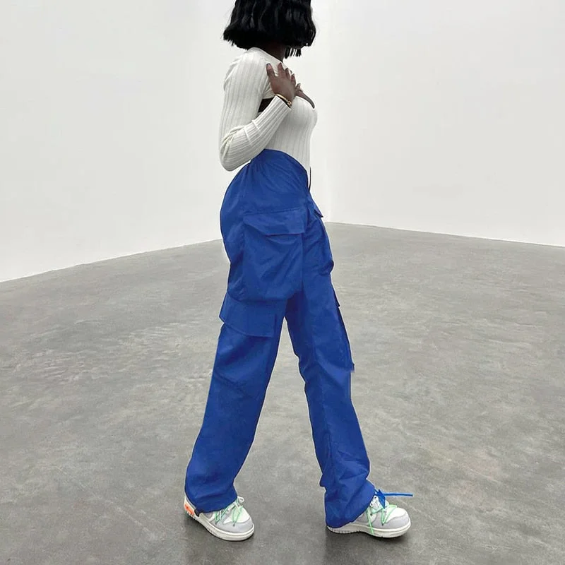 BIIKPIIK High Wasit Solid Pockets V Wasit Loose Cargo Pants Overalls Female Streetwear Lounge Straight Trousers Flat Woven Pant