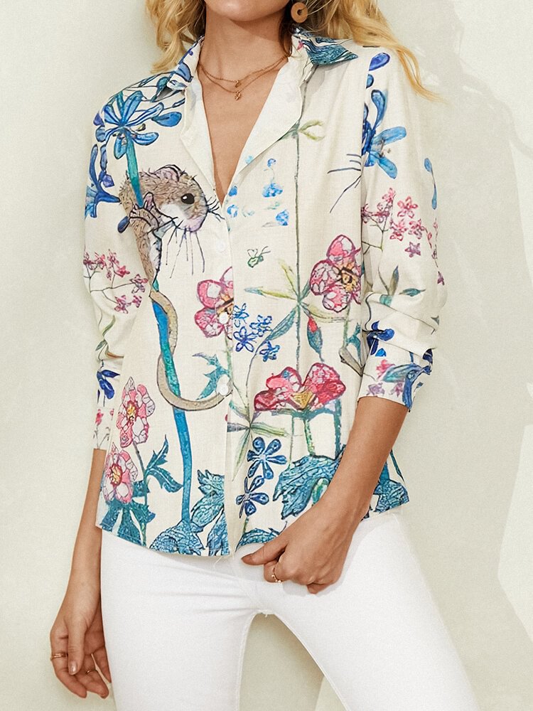 Calico Print Lapel Long Sleeve Button Casual Shirt For Women P1806002
