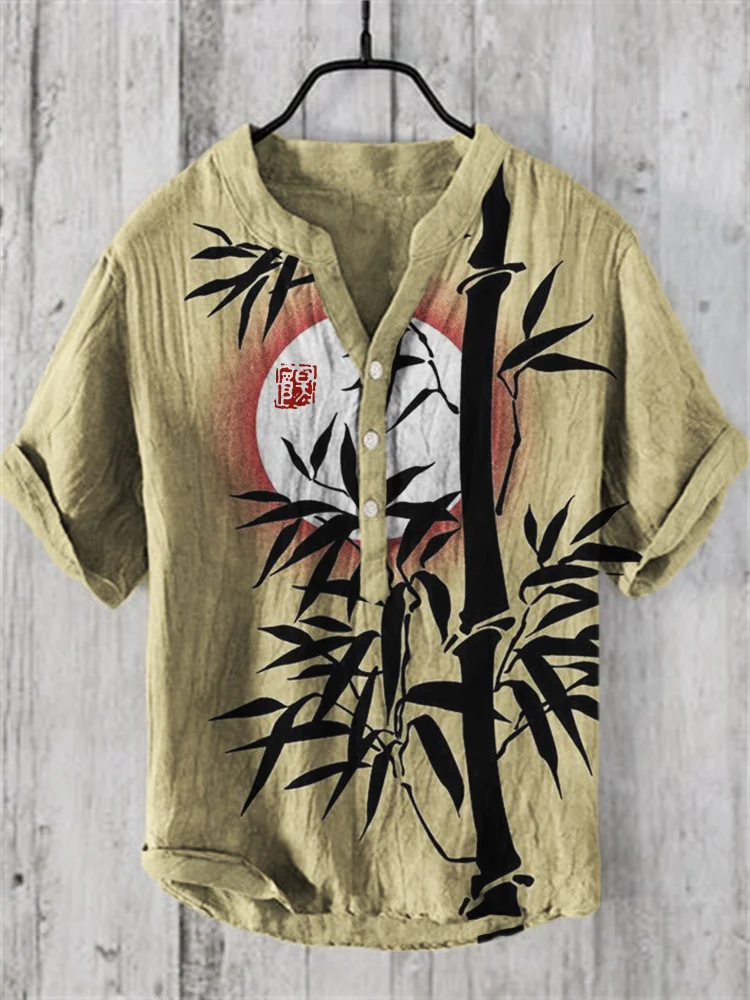 Comstylish Bamboo Full Moon Japanese Art Linen Blend Shirt