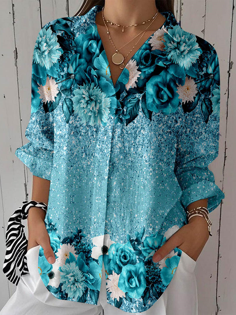 Women 3/4 Sleeve Shirt Collar Floral Printed Graphic Button Tops