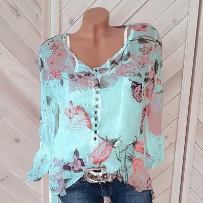 V-neck button long sleeve printed chiffon top