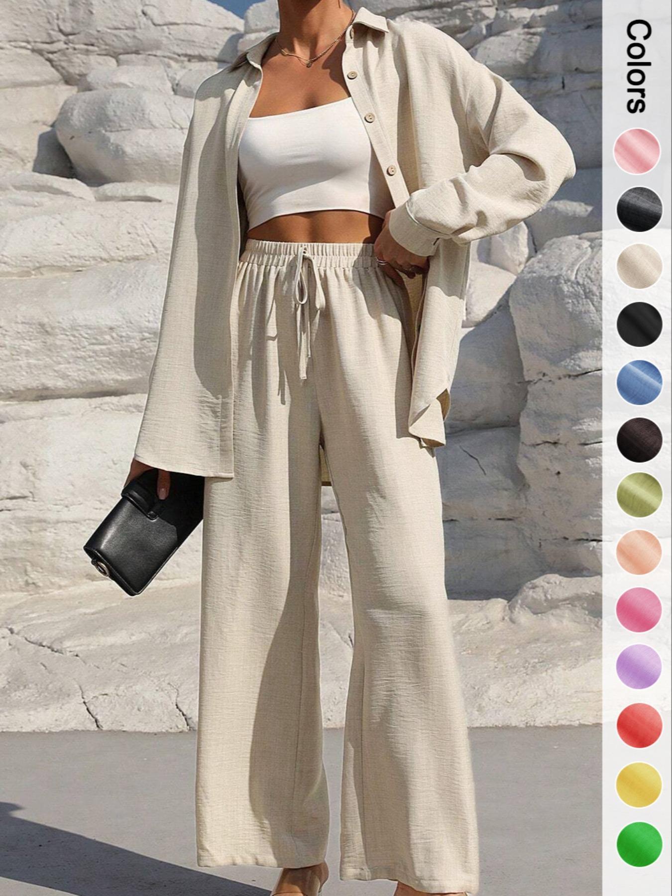 Women's Solid Button Front Shirt & Tie Front Wide Leg Pants Two-piece Set, Casual Drop Shoulder Long Sleeve Top & Trousers 2 Piece Set for Spring & Fall, Women's Clothes for Daily Wear, Casual Outfits Women Women's Solid Button Front Shirt & Tie Front Wide Leg Pants Two-piece Set, Casual Drop Shoulder Long Sleeve Top & Trousers 2 Piece Set for Spring & Fall, Women's Clothes for Daily Wear, Casual Outfits Women