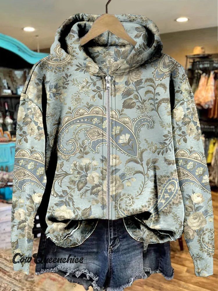 Paisley Print Casual Zip Hoodie Sweatshirt Multicolor / S