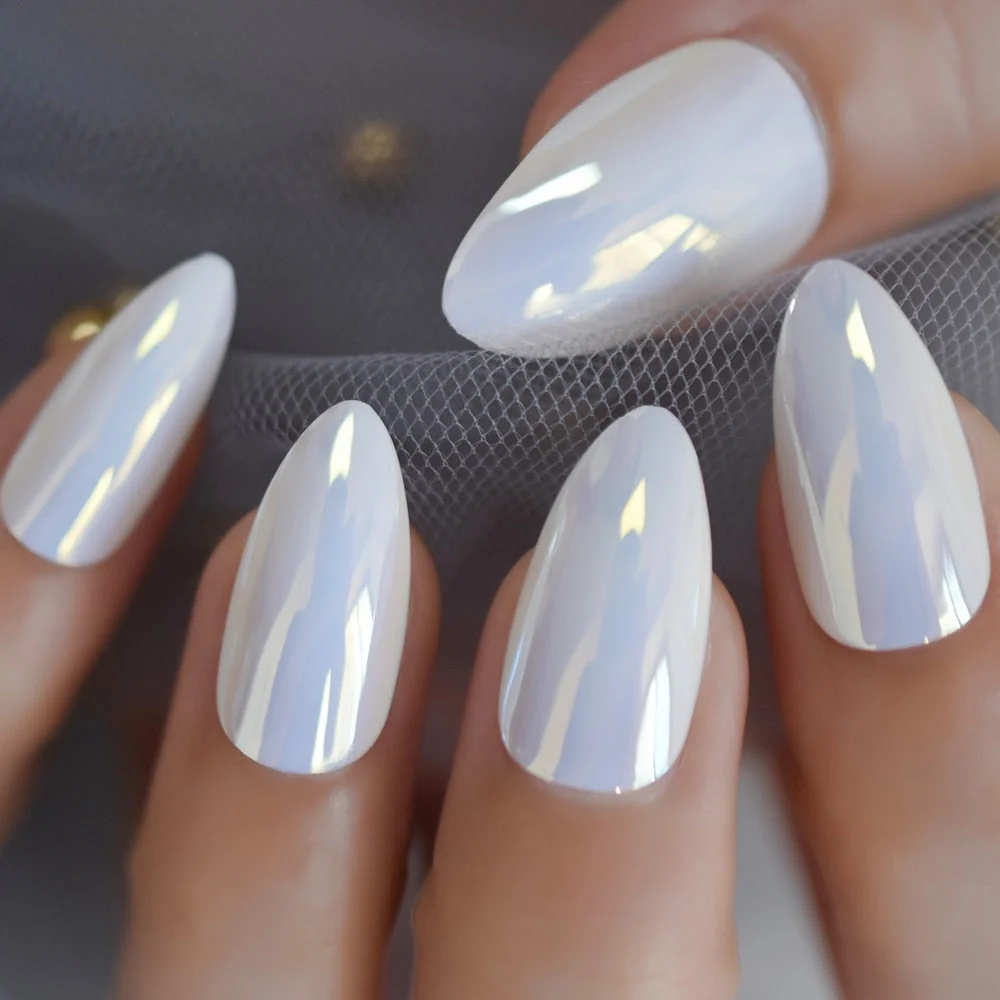 Unicorn Chrome Nails Fake Almond Medium White Acrylic Tips Mirror Shiny Decorative Fingernails with Glue Tabs