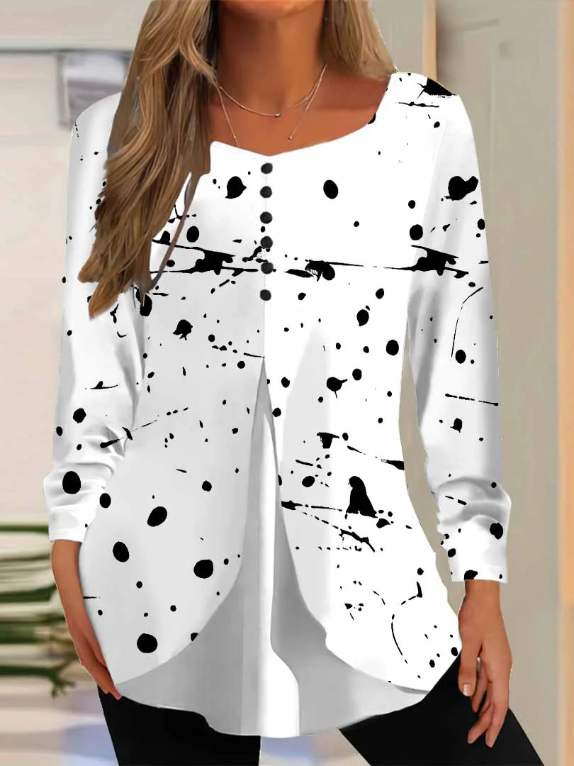 Women Striped,Polka Dot,White DZGG8358 Long Sleeve Scoop Neck Printed Graphic Button Fake 2in1 Tops