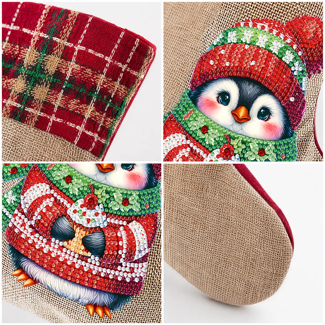 DIY Diamond Painting Christmas Stockings Hanging Ornaments Large Capacity Xmas Socks Pendant Wear Resist Candy Gift Storage Bags for Family Christmas Holiday Party Decoration (Christmas penguin)