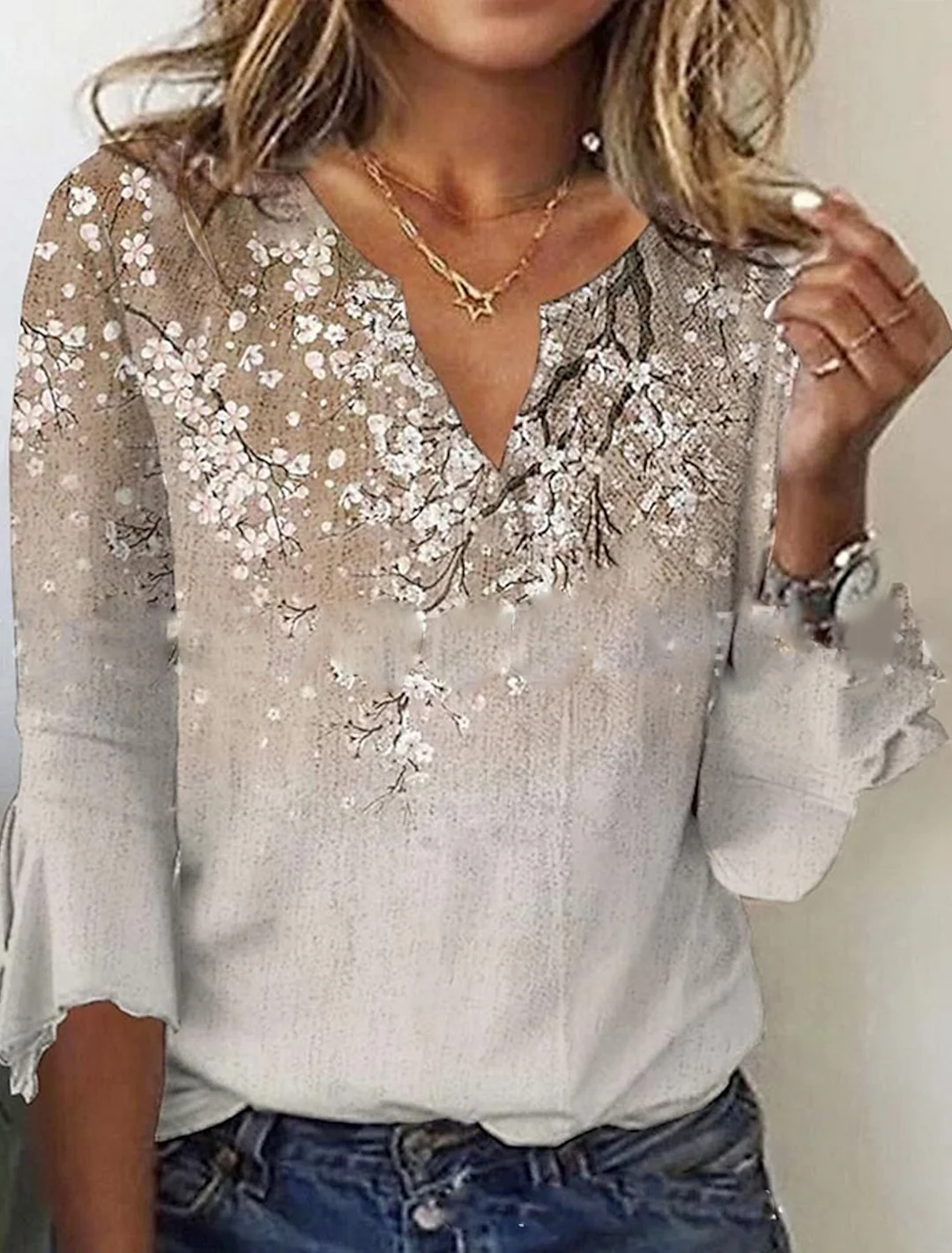 Women's Floral Print 3/4 Length Sleeve V Neck Blouse