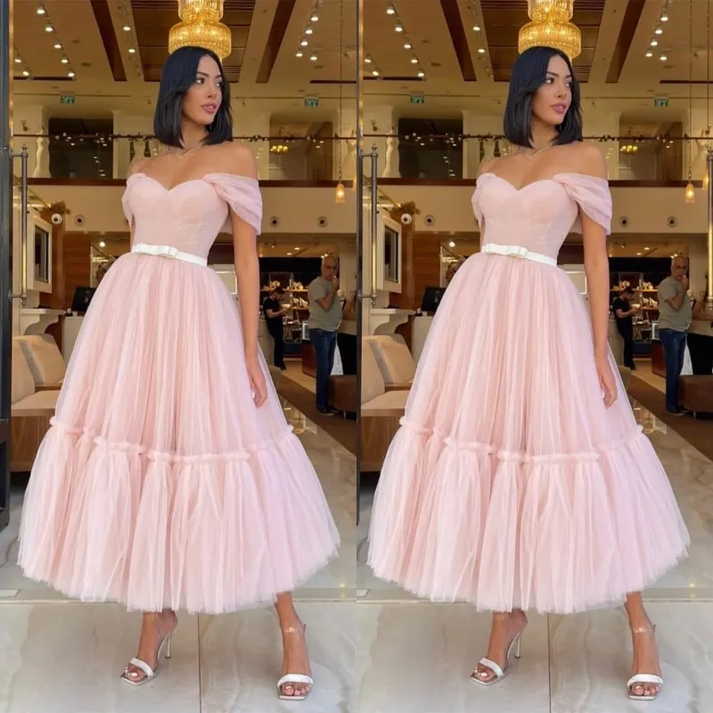 Dusty Pink Tulle Prom Dress, Off Shoulder Lace Prom Dress, Best Sale Prom Dress