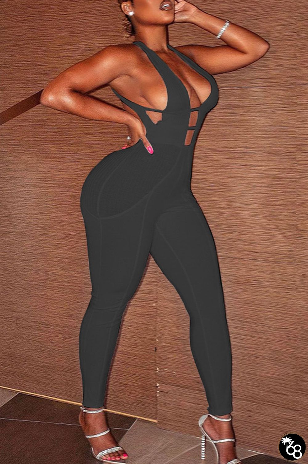 Black Sexy Solid Hollowed Out Backless Spaghetti Strap Skinny Jumpsuits | 168DEAL