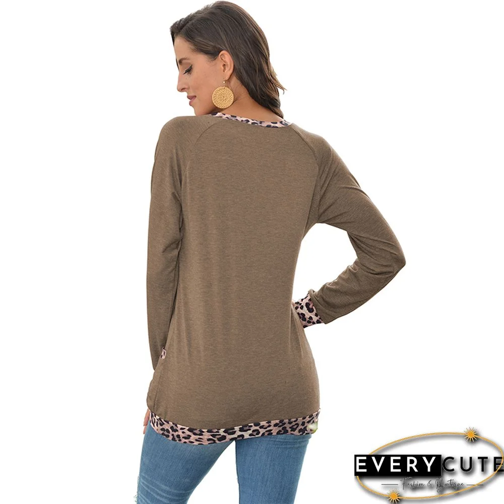Khaki Leopard Details Long Sleeve Tops