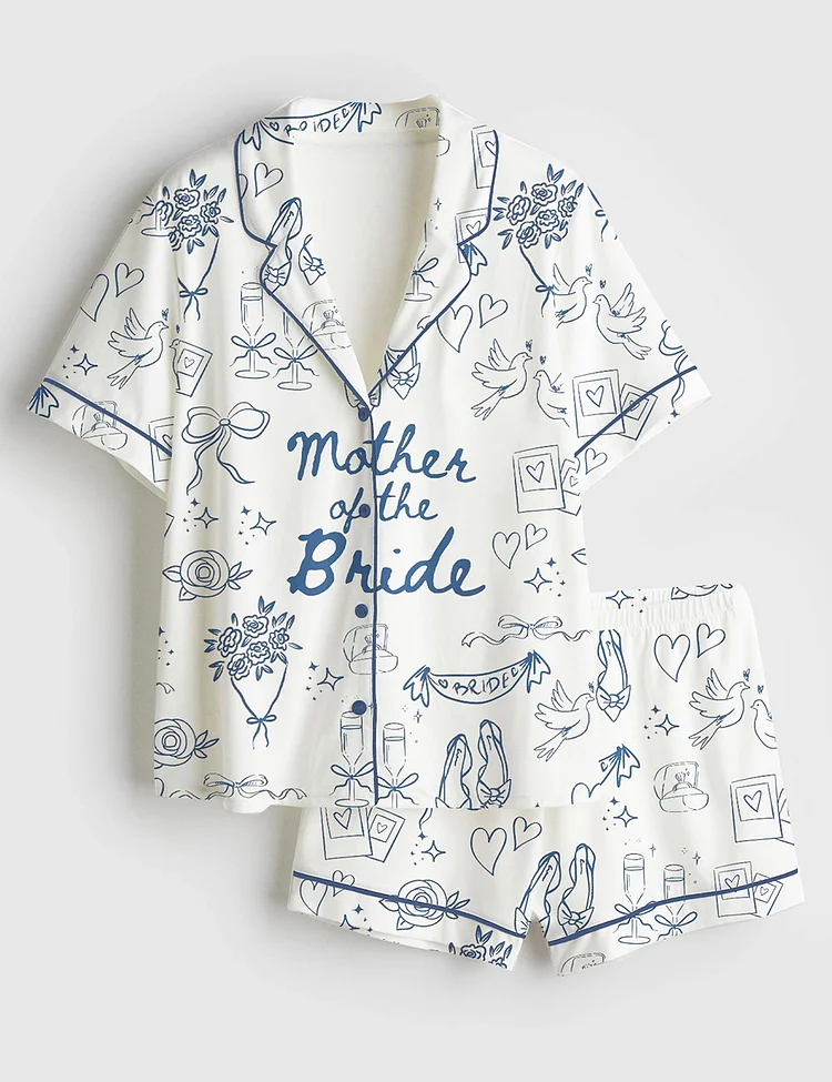 Women&rsquo;s Mother Of The Bride Going To The Chapel Getting Ready Wedding Party Print Short Sleeve Satin Pajama Set