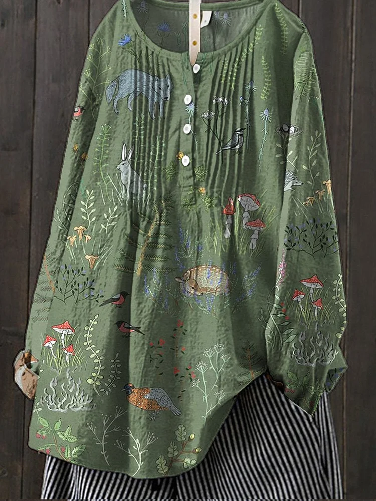 Woodland And Animals Pattern Printed Women's Casual Cotton And Linen Shirt