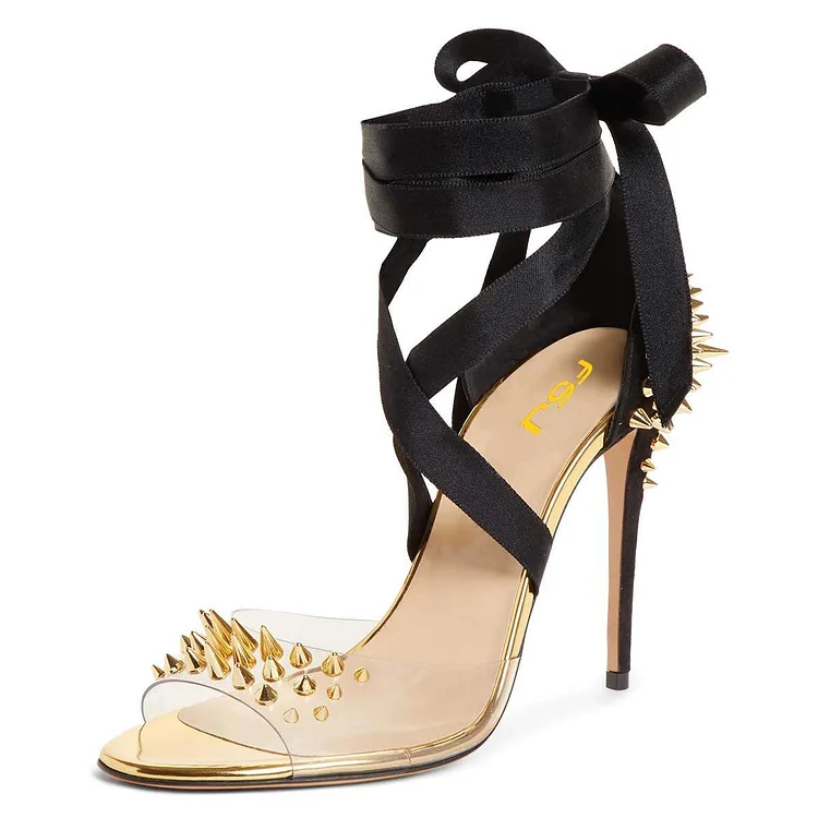 Black Strappy Heels transparent PVC Gold Rivets Stiletto Heel Sandals |FSJ Shoes
