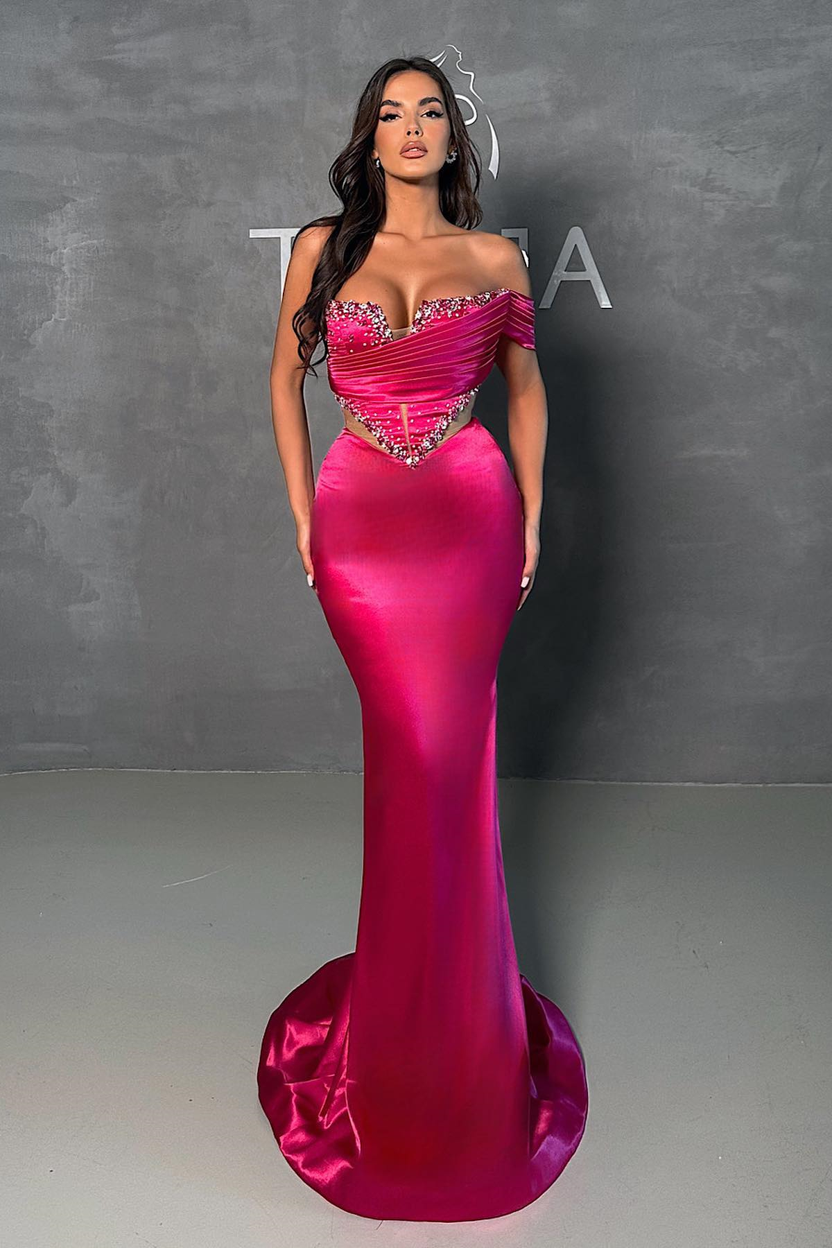 Dresseswow Fuchsia Off-The-Shoulder Mermaid Prom Dress With Sequins Beadings