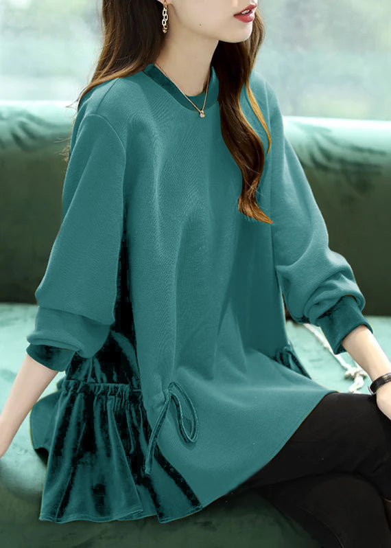VCSHOES Loose Blue O-Neck Patchwork Drawstring Sweatshirts Top Long Sleeve
