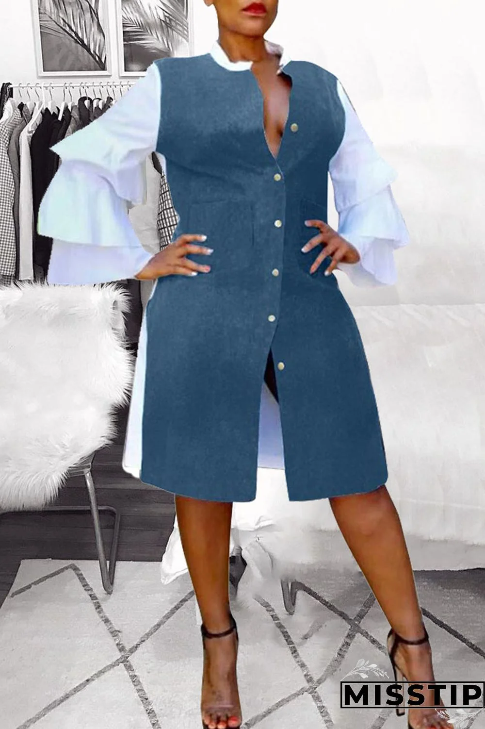 Blue Casual Print Patchwork Buckle O Neck Straight Dresses