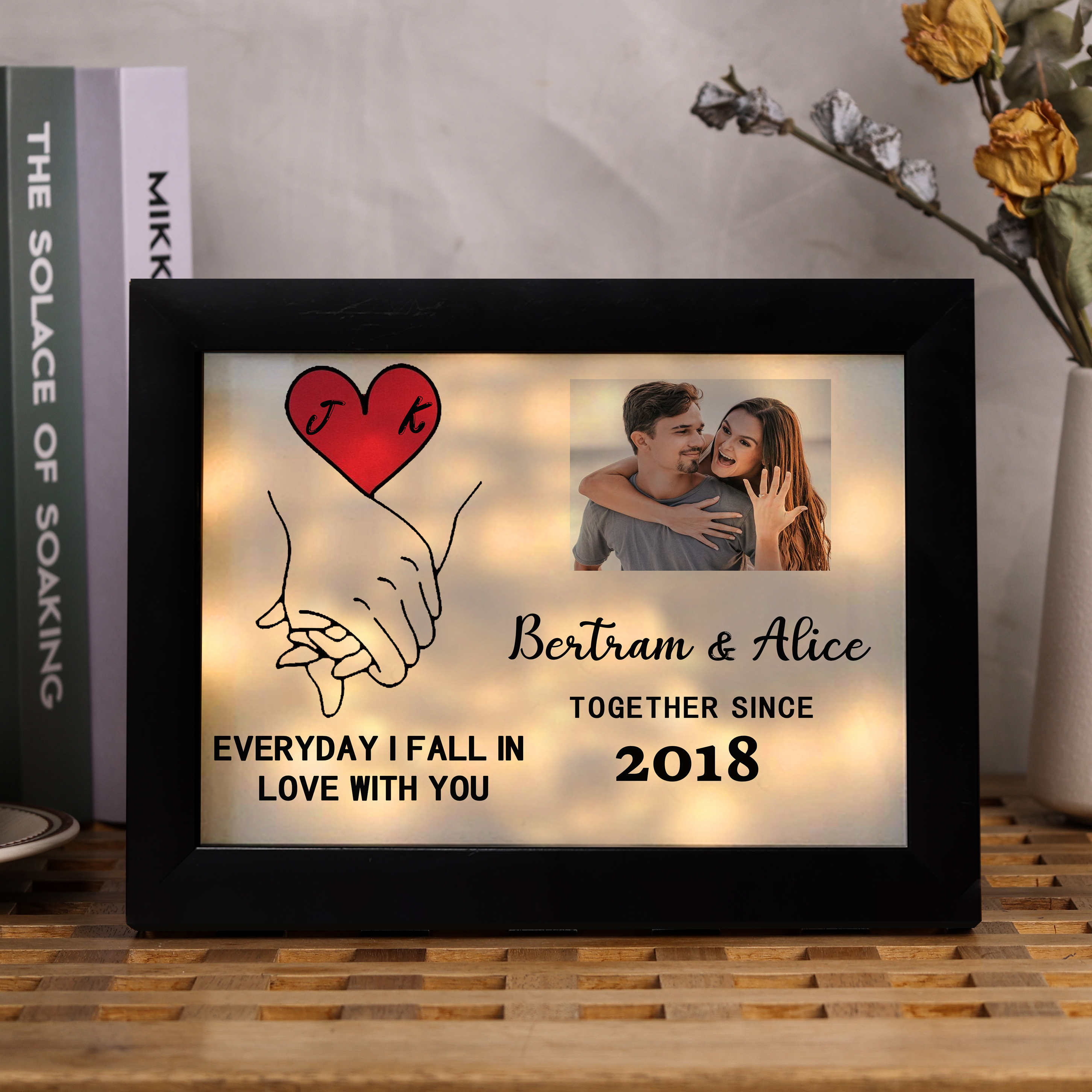 Personalised Photo Frame Custom 2 Names & 2 Letters & Date & Text Frame With Night Light Anniversary Gift For Her - Everyday I Fall In Love With You-Jessemade AU