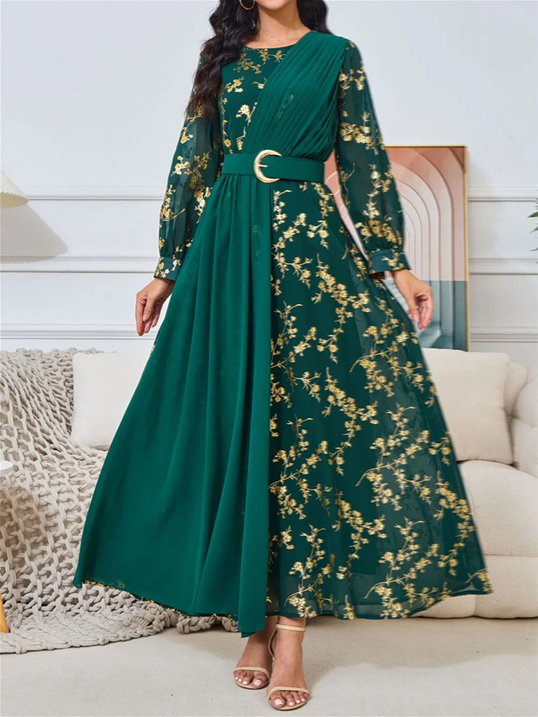 Women's Long Sleeve Scoop Neck Gold Stamping Graphic Printed Maxi Dress