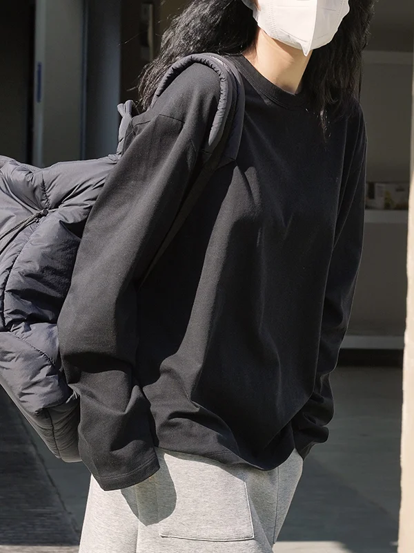 Casual Long Sleeves Loose Solid Color Round-Neck T-Shirts Tops