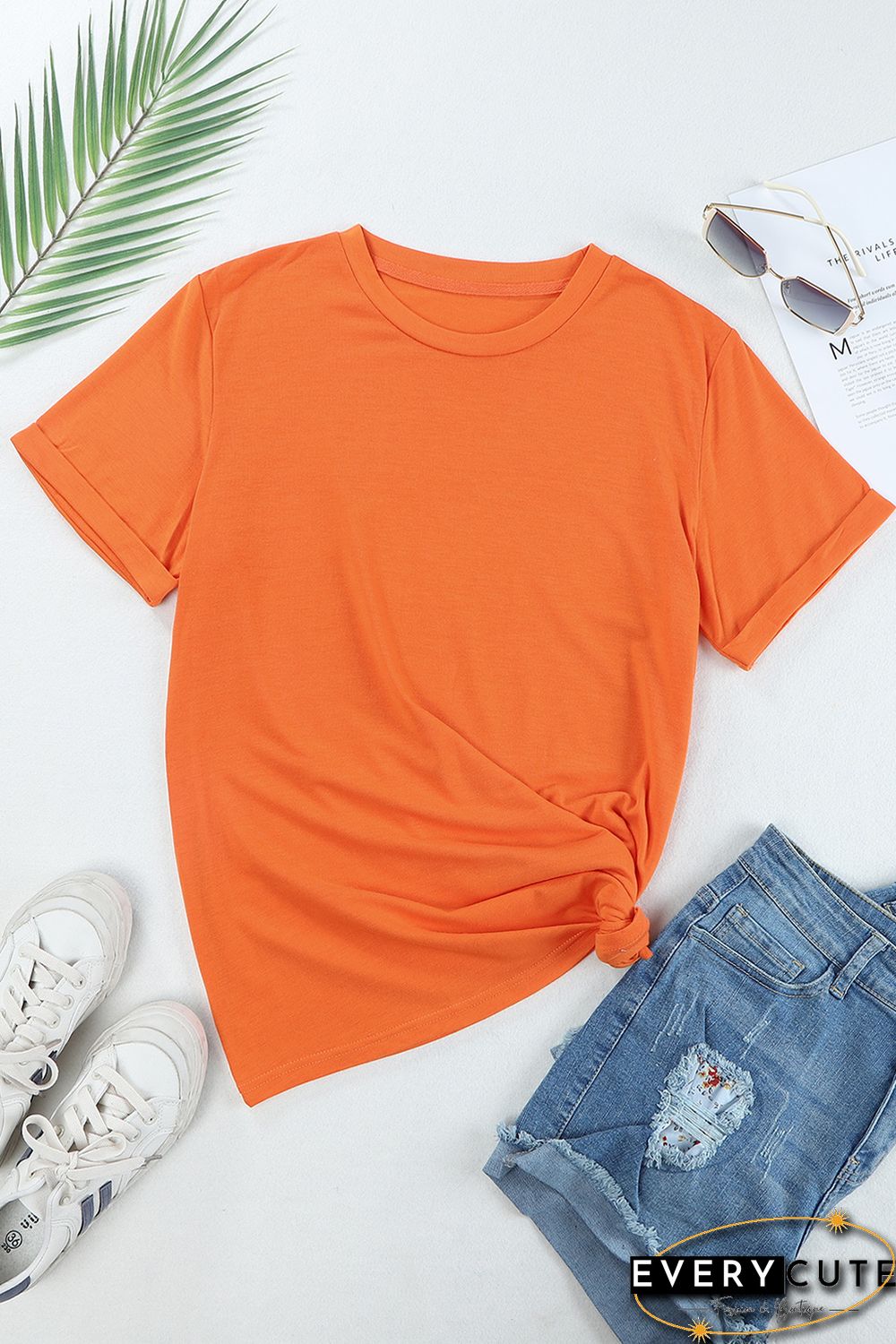 Orange Solid Color Crew Neck Tee