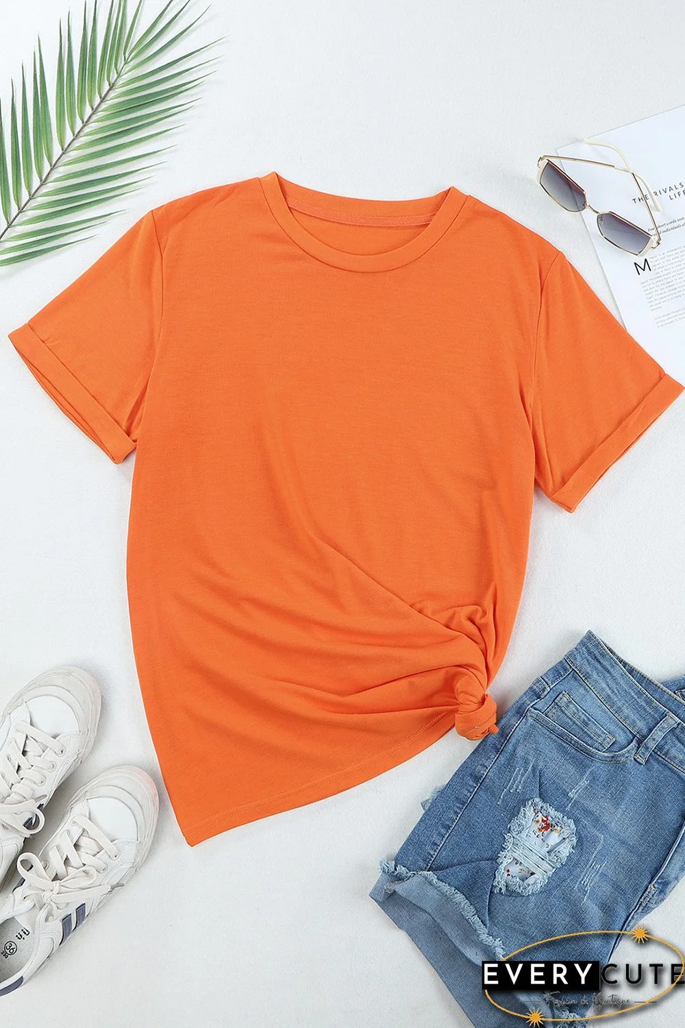 Orange Solid Color Crew Neck Tee