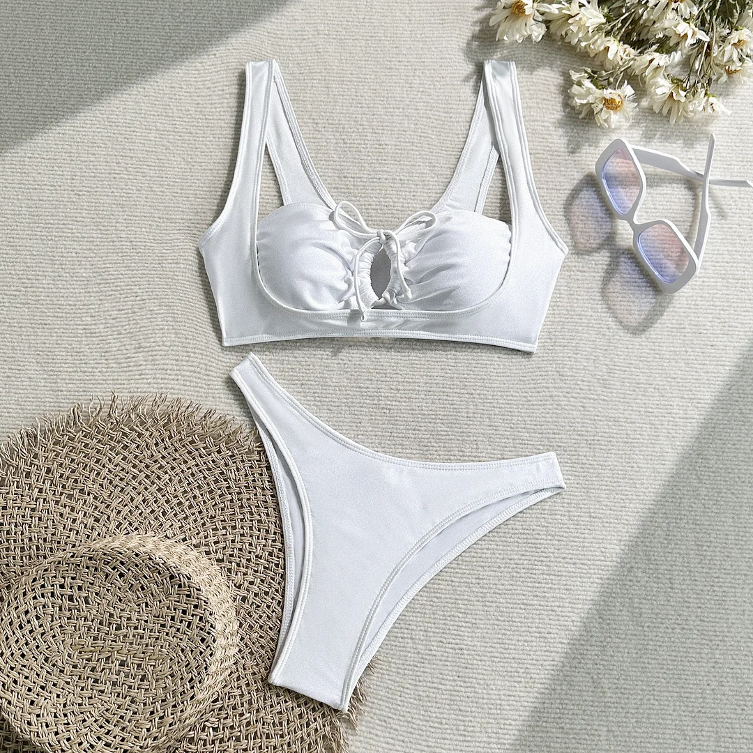 Brownm 2025 New Solid-Colored Nylon With Light Split Sexy Hollow Tethered Swimsuit Bikini