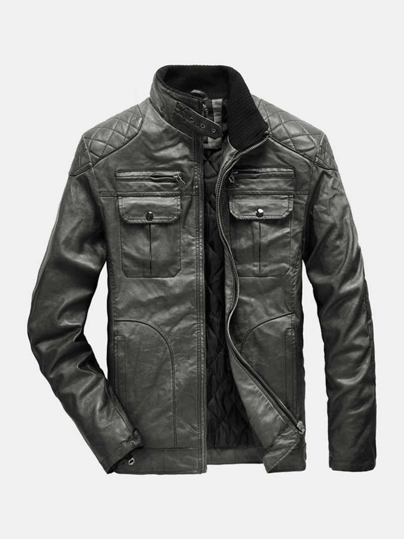 Mens Multi Pocket Zipper Long Sleeve Vintage Washed PU Leather Jacket