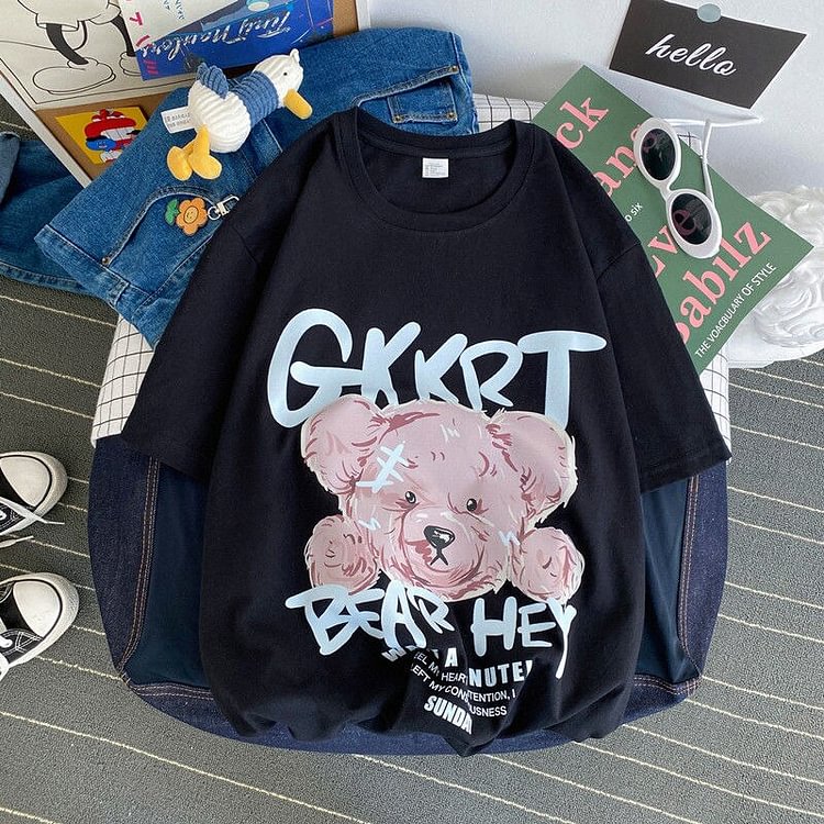 S-4XL Harajuku Streetwear Cotton Letter Bear Print Short Sleeve T-shirt Women Clothes Summer O-neck Couple Girls Tops Loose Tee - BlackFridayBuys