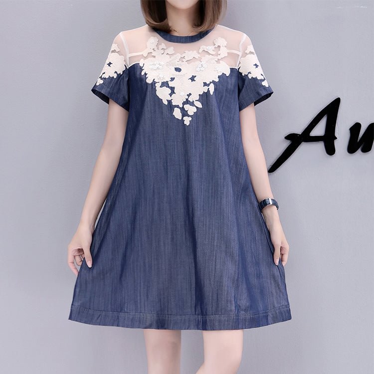 Women's Summer Clothes Mid-length Mesh Stitching Embroidered Denim Dress