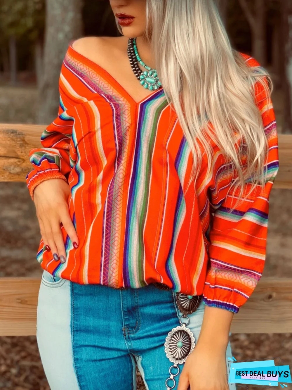 V Neck Casual Long Sleeve Ombre/tie-Dye Tops