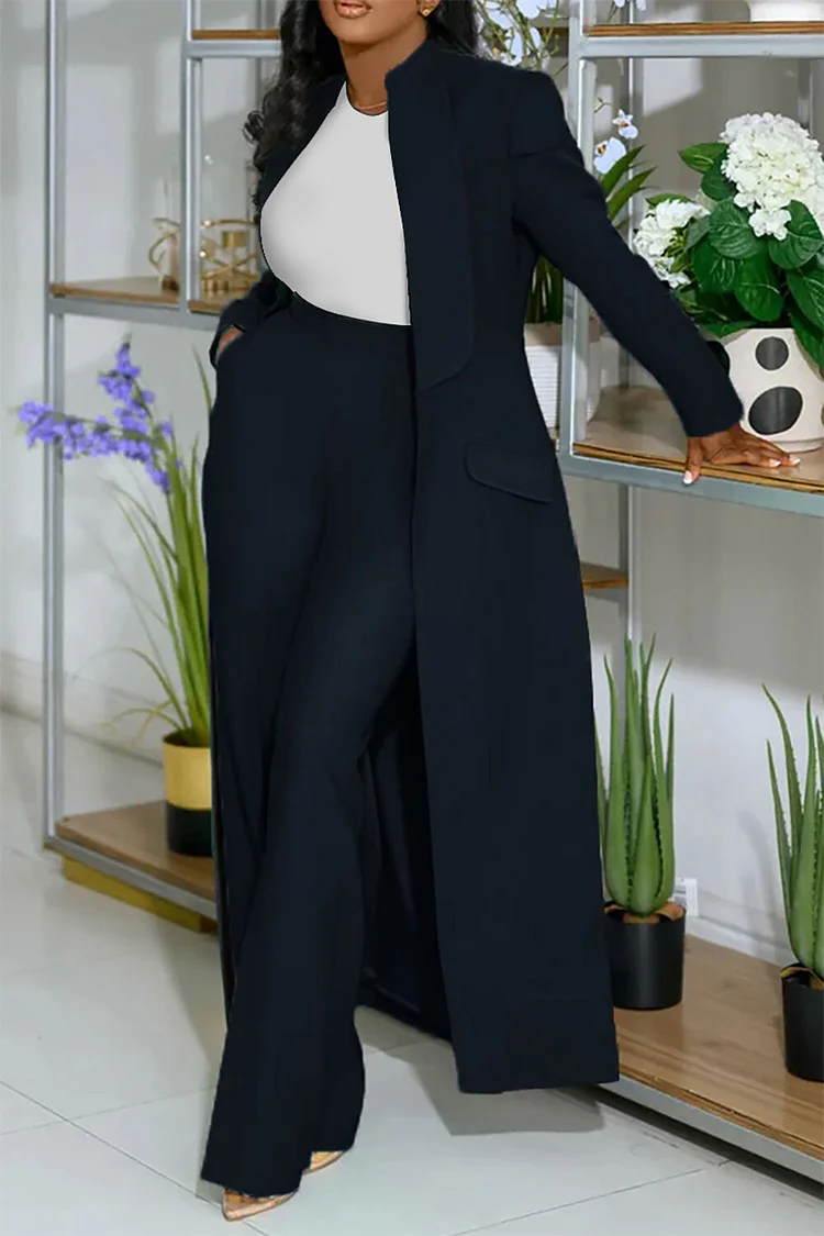 Turndown Collar Solid Color Long Blazer High Waist Pants 2pcs Set-Green