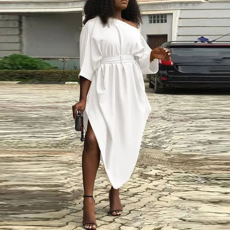 Office Dress Women Sexy Off Shoulder Dress 2022 VONDA High Waist Solid Asymmetrical Party Sundress Casual Midi Vestidos Belted